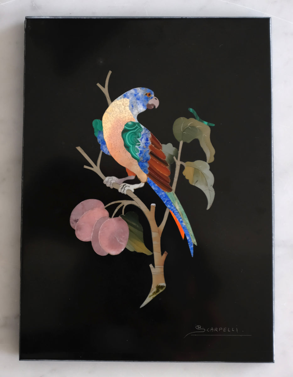 Plaque Mosaïque Pietra Dura - Oiseau Sur Arbre En Pierres Précieuses