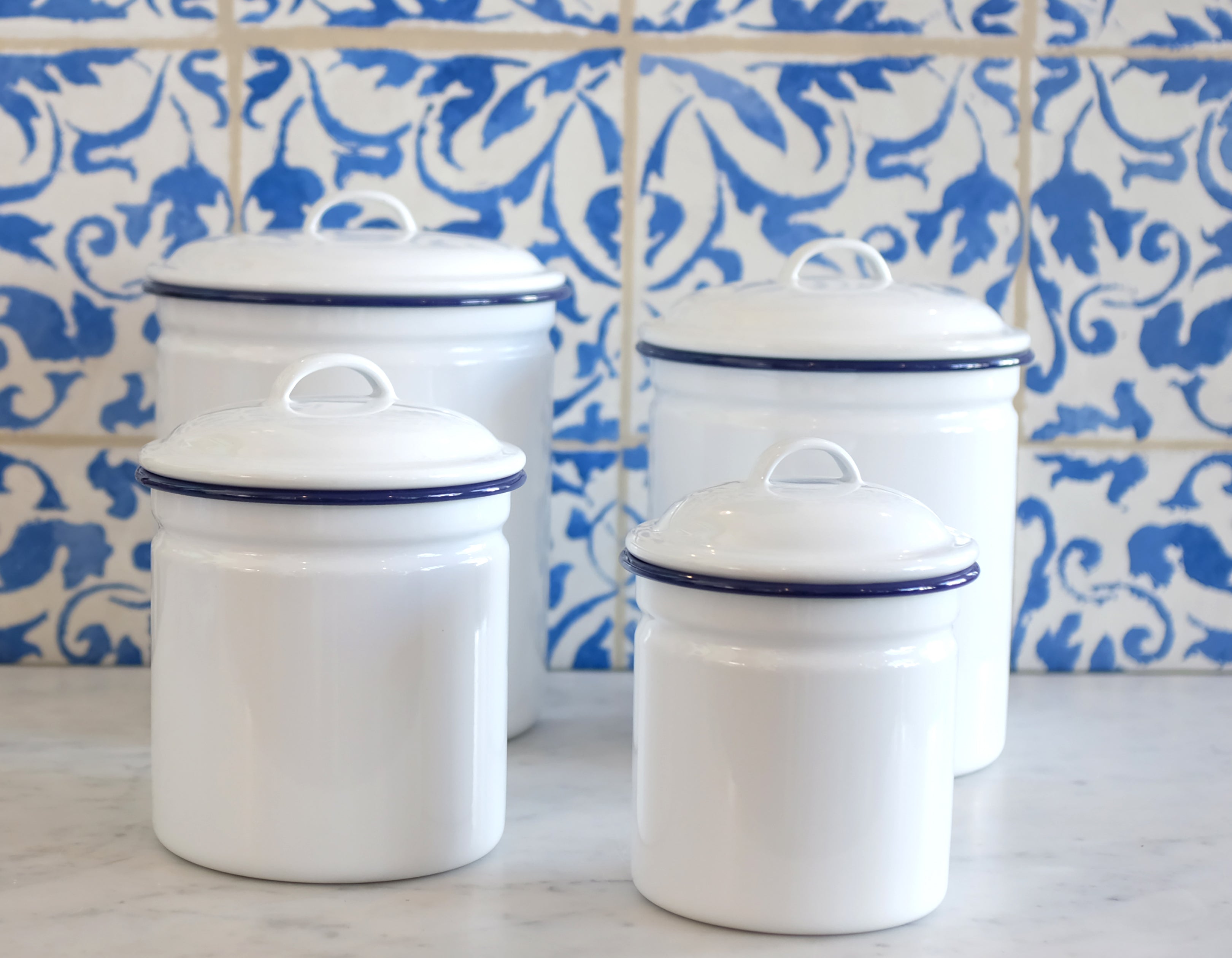 Restoration Hardware Metal White Enamel Flour & Sugar Tin Canisters Blue  Writing